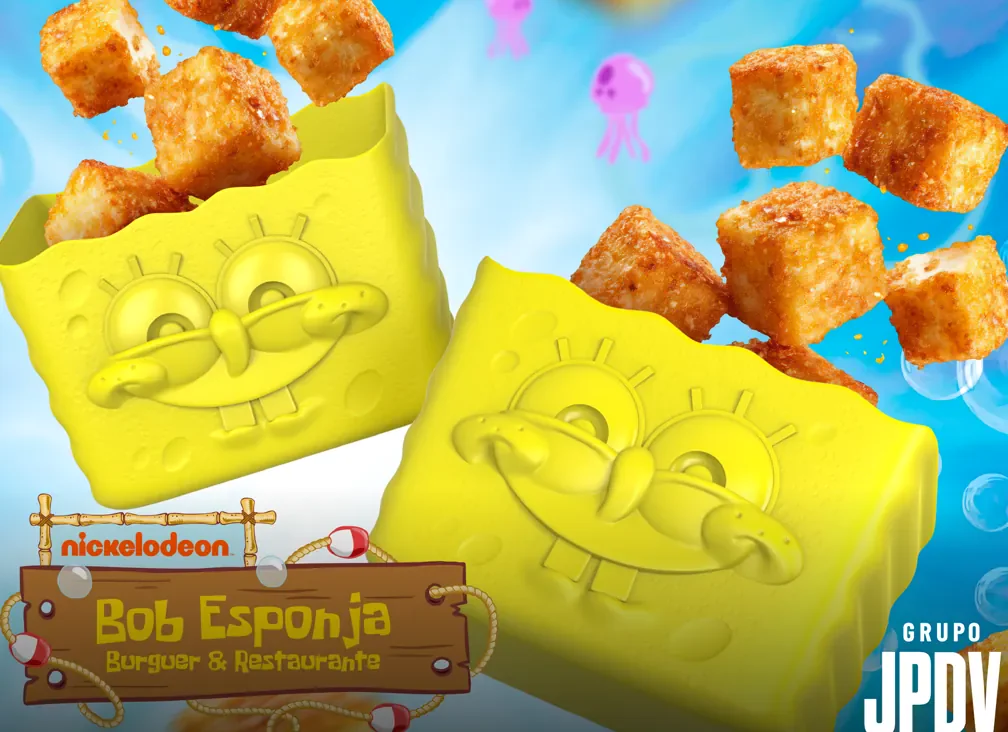 Dois Bob Box amarelos com o rosto do Bob Esponja em alto-relevo, cheios de nuggets